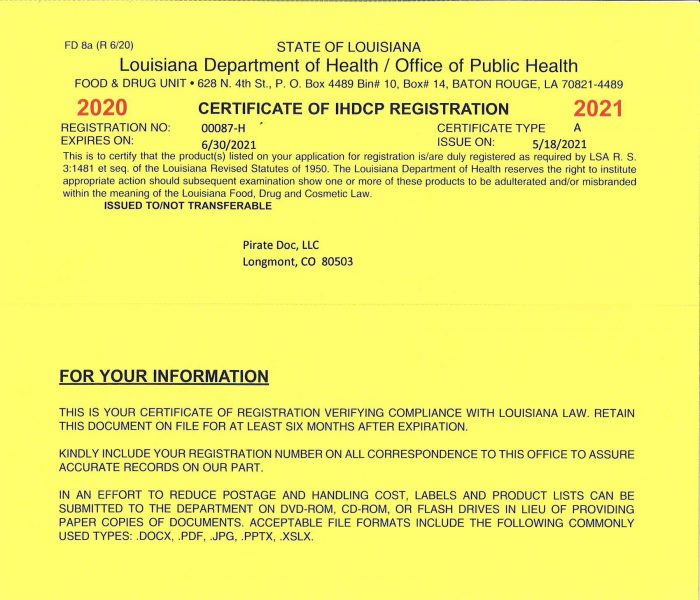 Certificate Of Registration PIRATE DOC CBD
